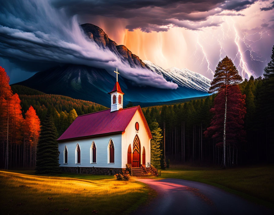 Red-roofed church in dramatic mountain storm landscape