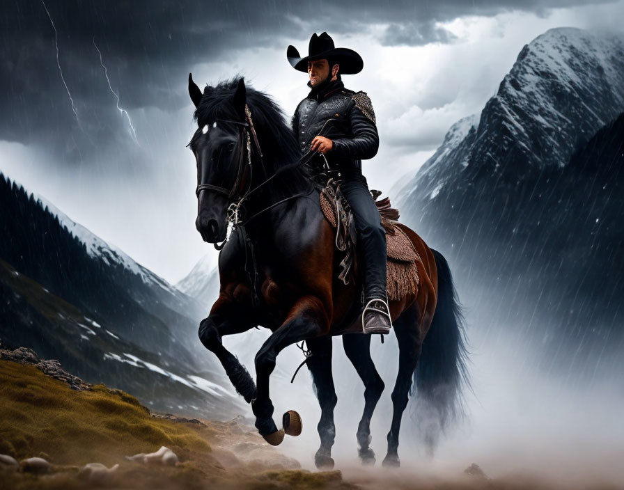 Cowboy on black horse in stormy landscape with dark peaks, rain, and lightning