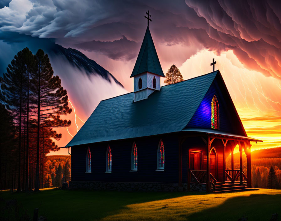 Small Church with Steeple Against Dramatic Stormy Sky