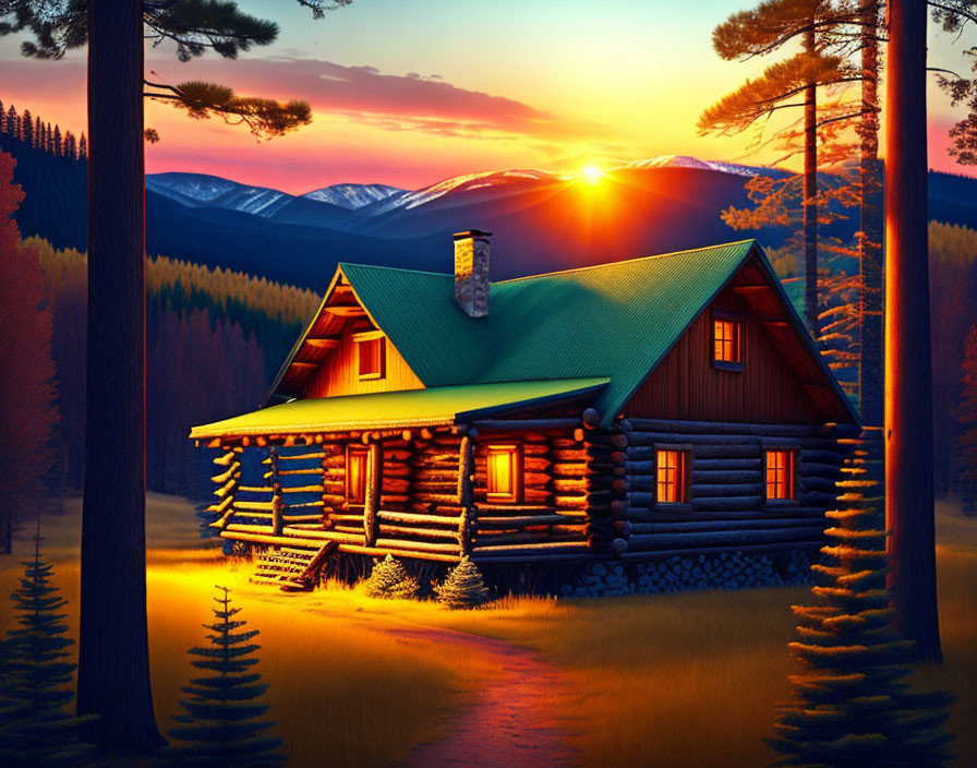 Rustic log cabin in forest at sunset with mountain backdrop