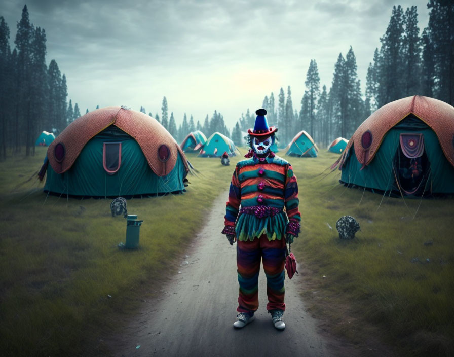 Creepy clown in colorful costume at misty forest campground