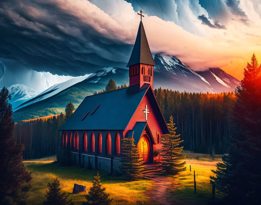 Red-roofed church against mountain backdrop at sunset