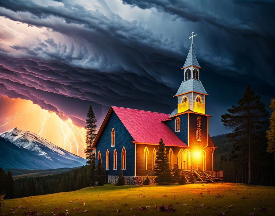 Blue church with red roof under stormy sky and lightning.