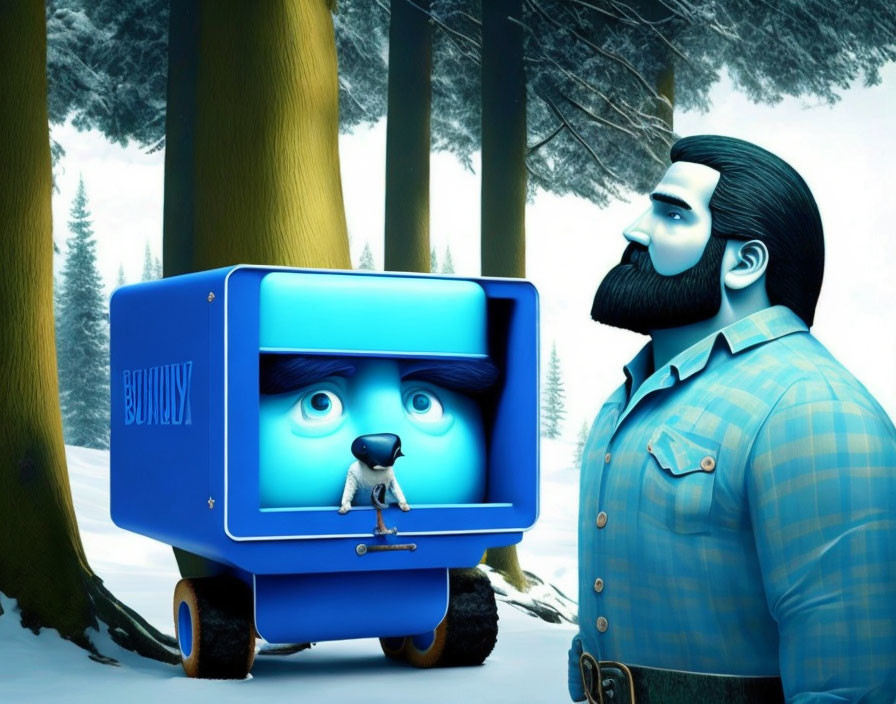 Bearded man next to blue box with face and eyes in snowy forest