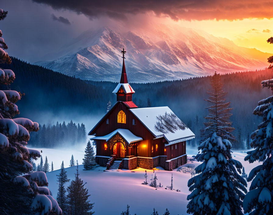 Snowy Sunset Scene: Chapel, Warm Light, Mountain Backdrop