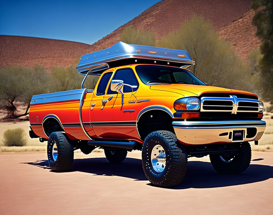 Orange Pickup Truck with Raised Suspension and Roof Cargo Carrier in Desert Setting