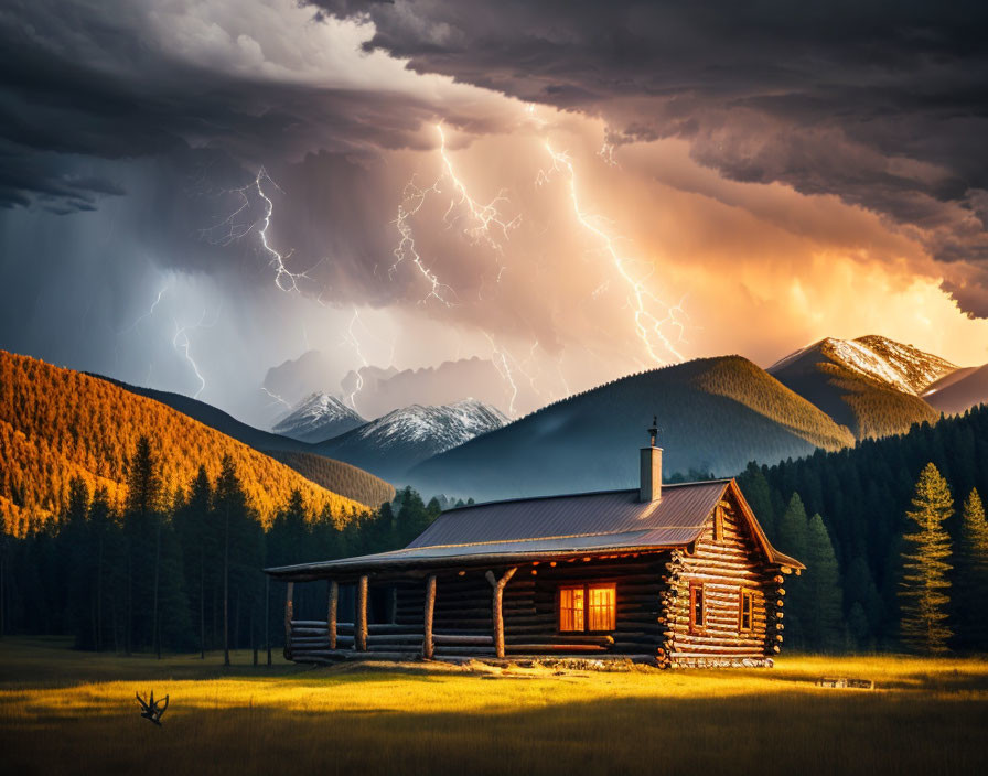 Log Cabin in Forest Clearing with Lightning Strikes and Ominous Clouds