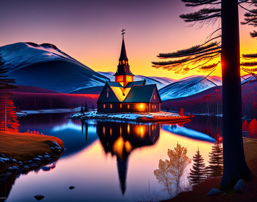Chapel by Tranquil Lake at Sunset with Snowy Mountains