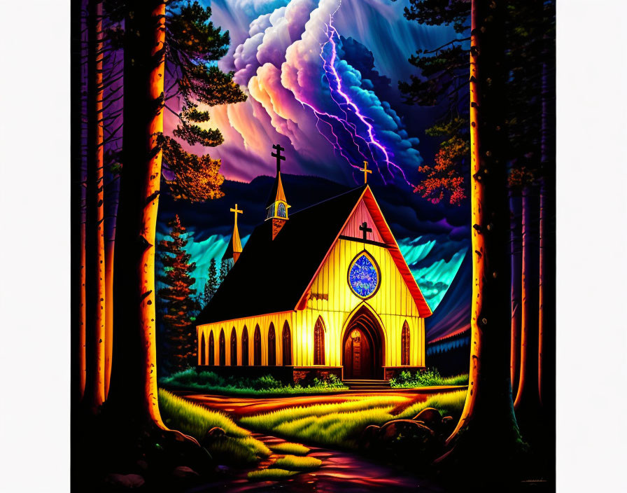 Church with luminous stained glass window in stormy forest scene
