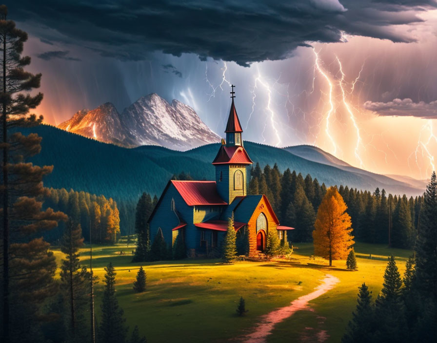 Serene meadow church with red roof and dramatic sky