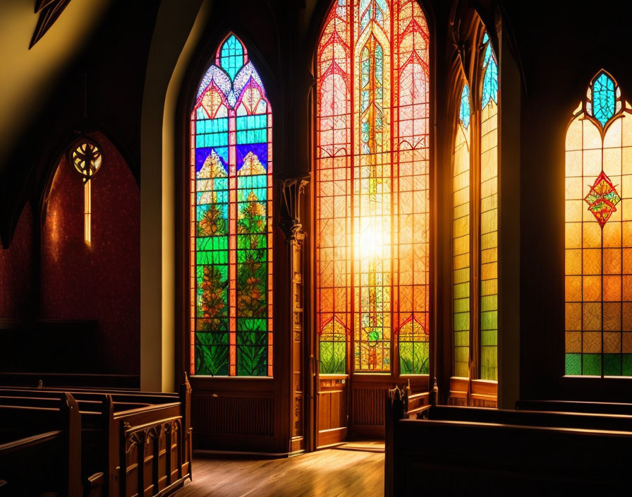 Colorful reflections from stained glass fill church interior