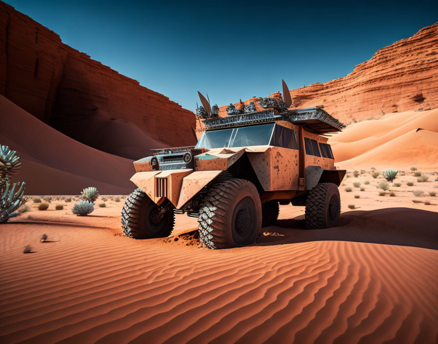 Six-Wheeled Vehicle on Red Desert Sands with Loaded Roof