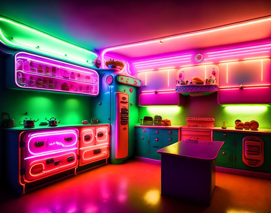 Vibrant Neon Lights Illuminate Retro Kitchen