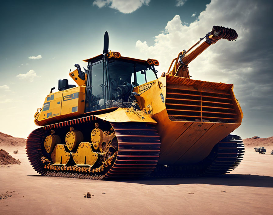 Yellow bulldozer with caterpillar tracks on sandy ground under blue sky