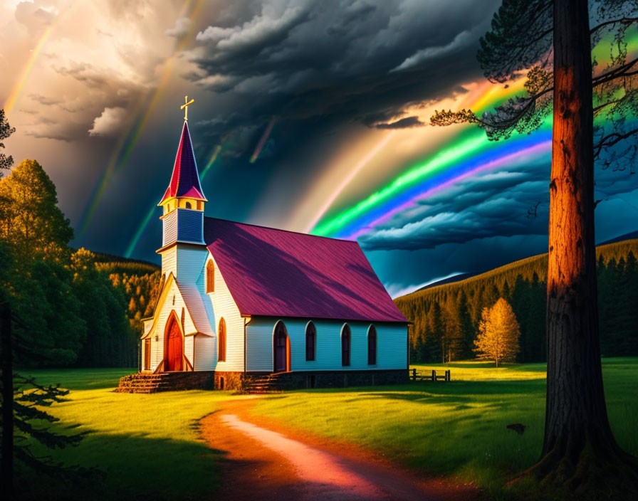 Colorful church with red roof and spire under dramatic sky in lush green forest landscape