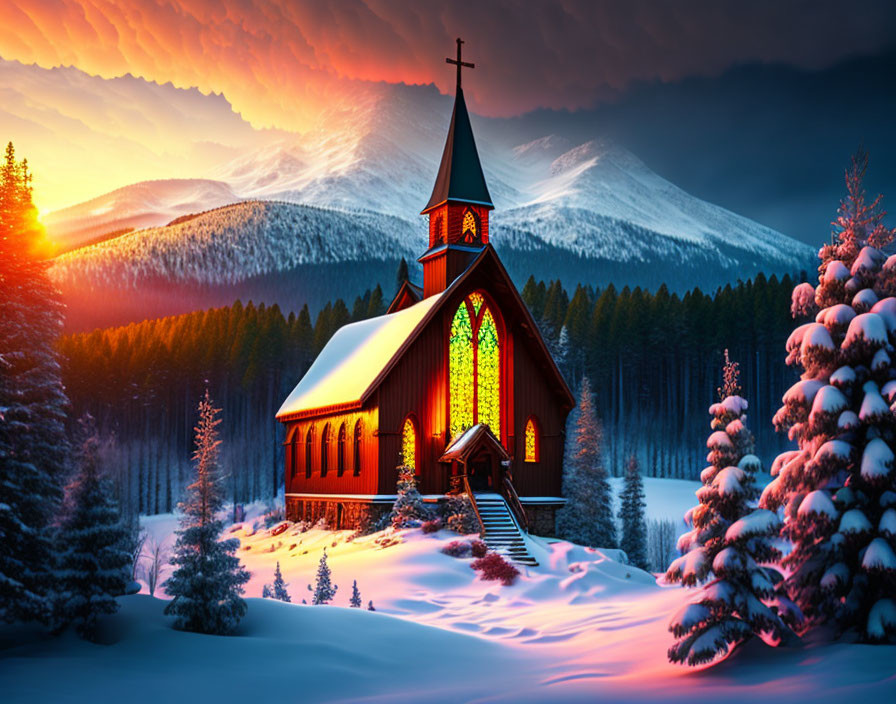 Snowy Landscape Church with Vibrant Stained Glass and Sunset Sky