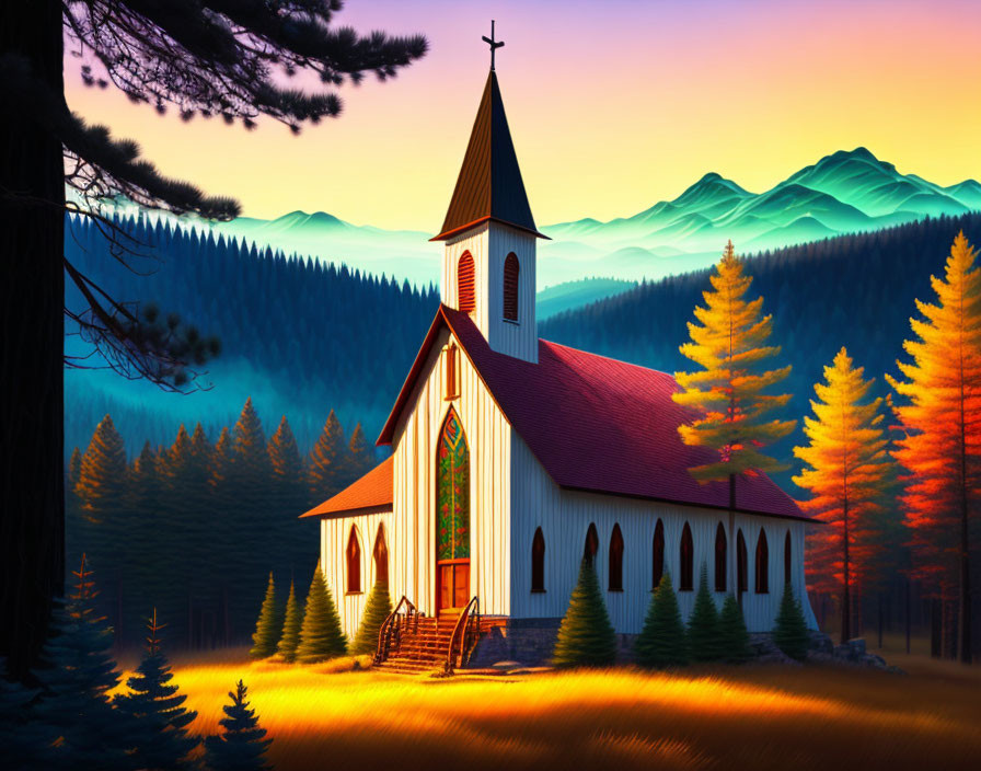 Chapel with Colorful Stained Glass Windows and Autumnal Trees at Sunset