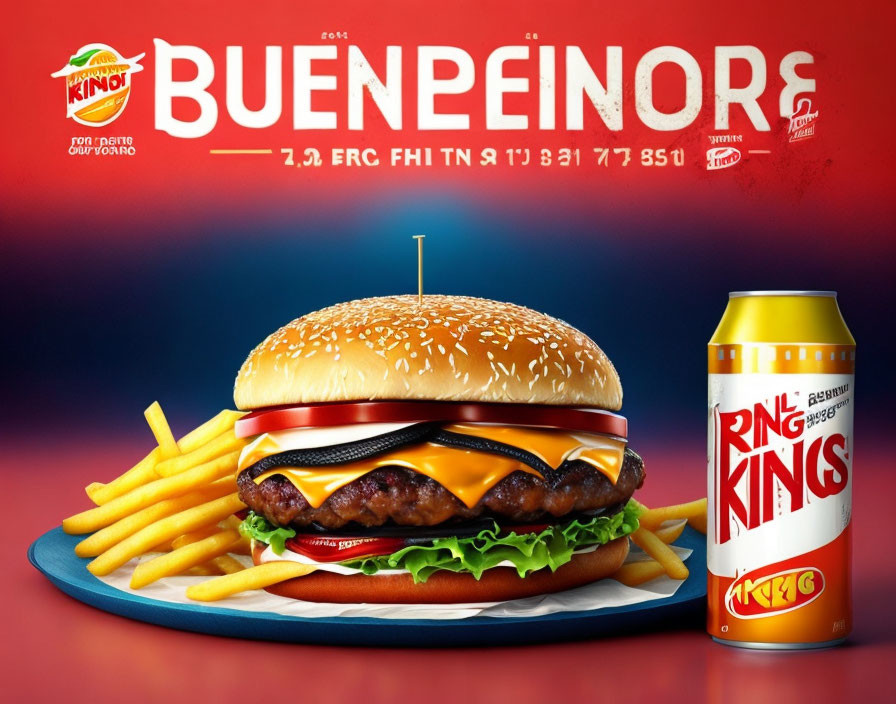 Colorful promotional image of double cheeseburger, fries, and soda with Burger King logo.