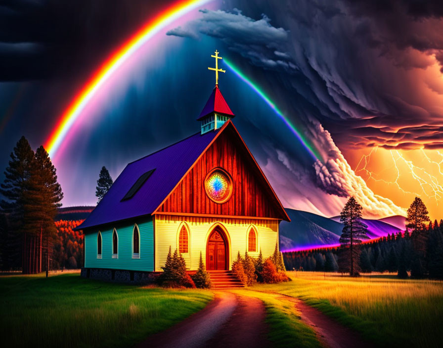 Colorful church with red roof and blue walls under dramatic sky with double rainbow and lightning