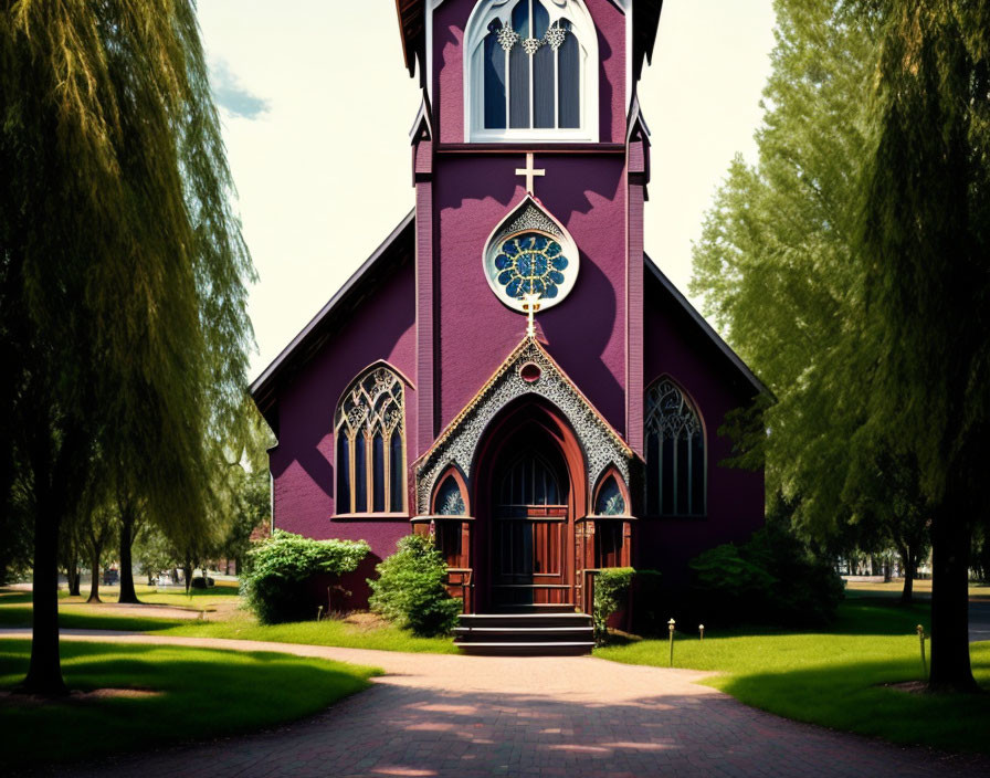 Purple Church with Stained Glass Windows and Double Door Entrance