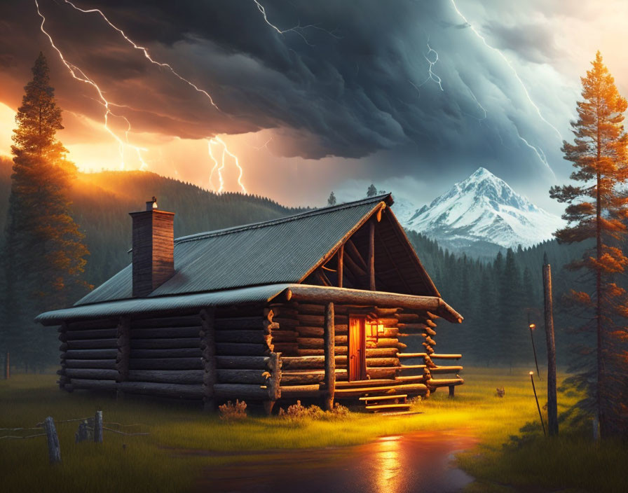 Rustic log cabin under stormy sky with lightning