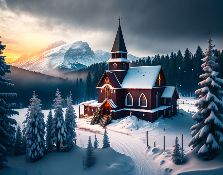 Snowy landscape with church, pine trees, and glowing mountains at sunrise or sunset