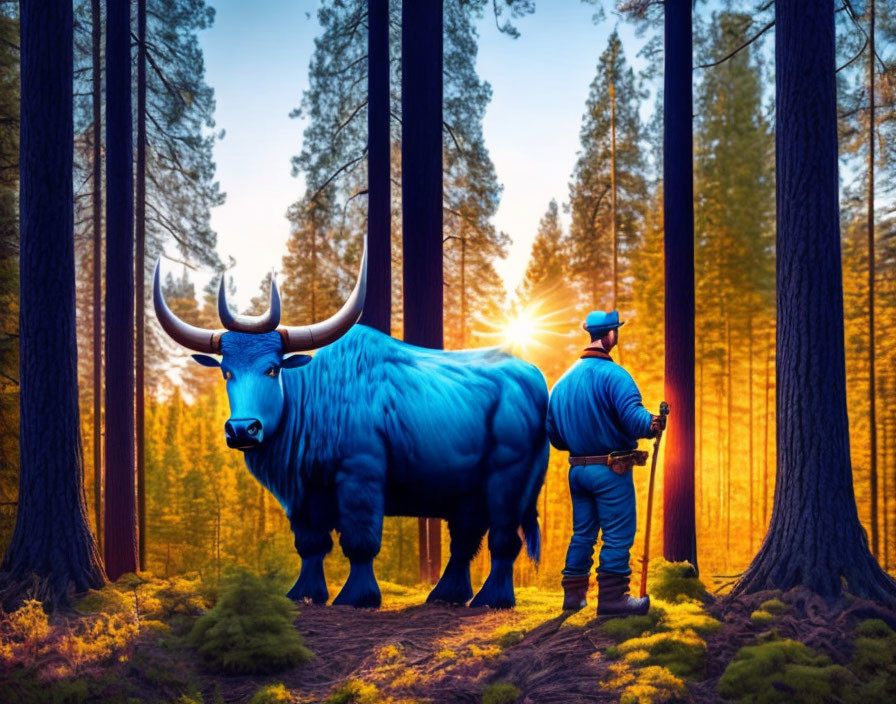 Colorful illustration of person and blue bull in forest at sunset