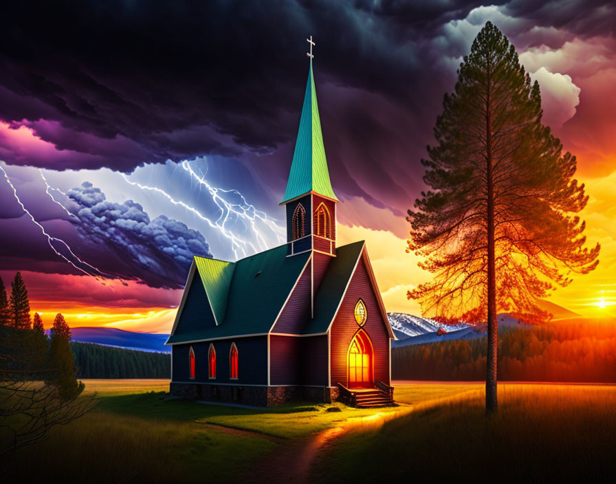 Scenic church with green roof under stormy sky, flanked by forest and mountains