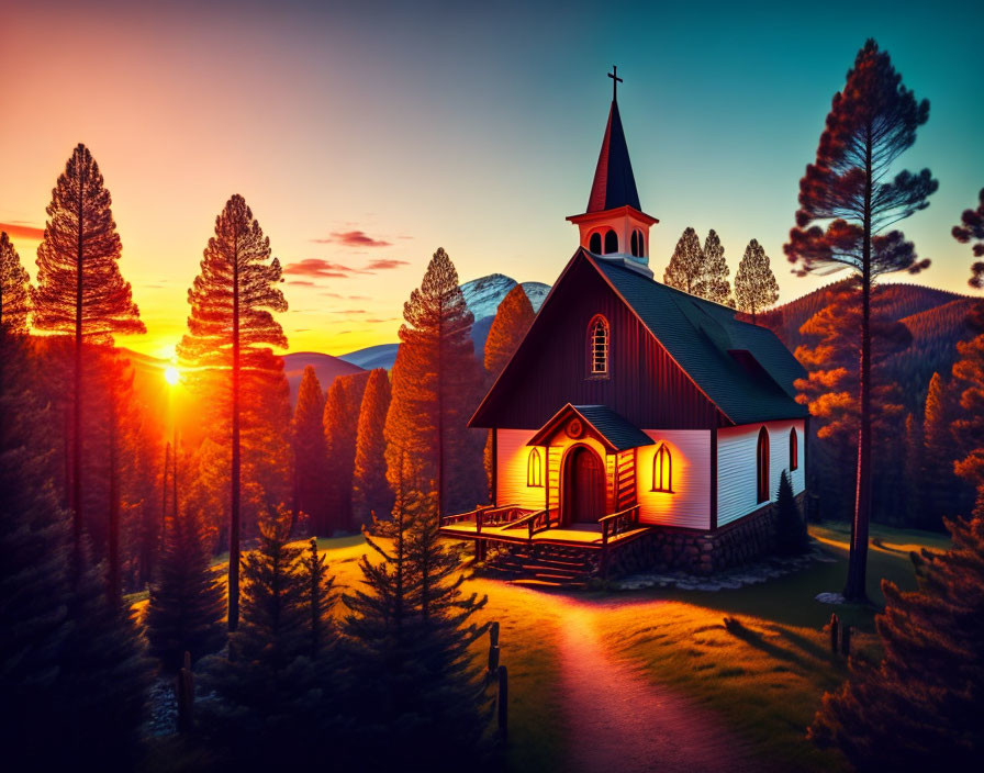 Quaint church with steeple in serene sunset landscape