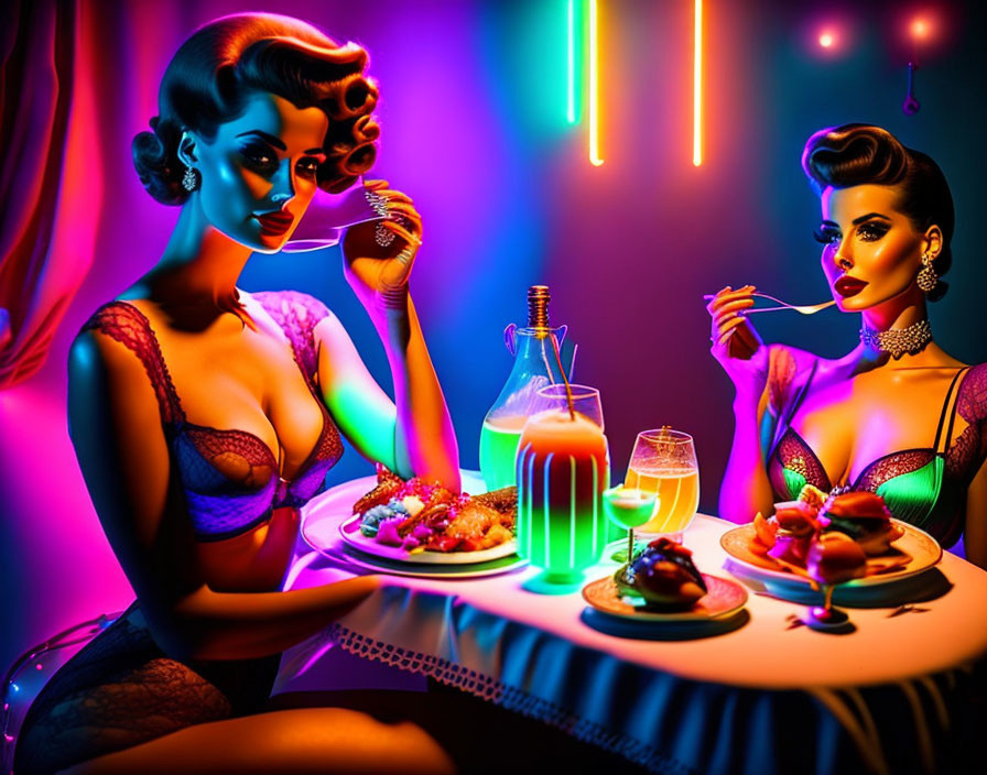 Stylized animated women in retro lingerie at vibrant bar