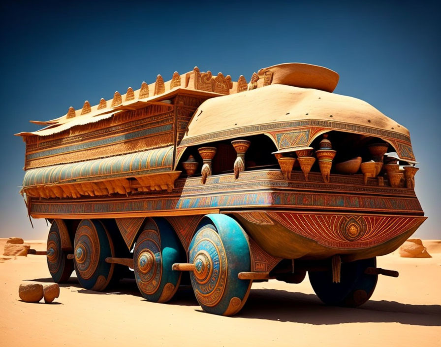 Ornate ancient building-inspired vehicle with pottery and patterns in desert scene