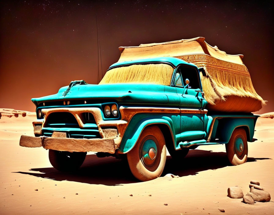 Vintage Blue Pickup Truck with Thatched Roof Cargo in Desert Setting