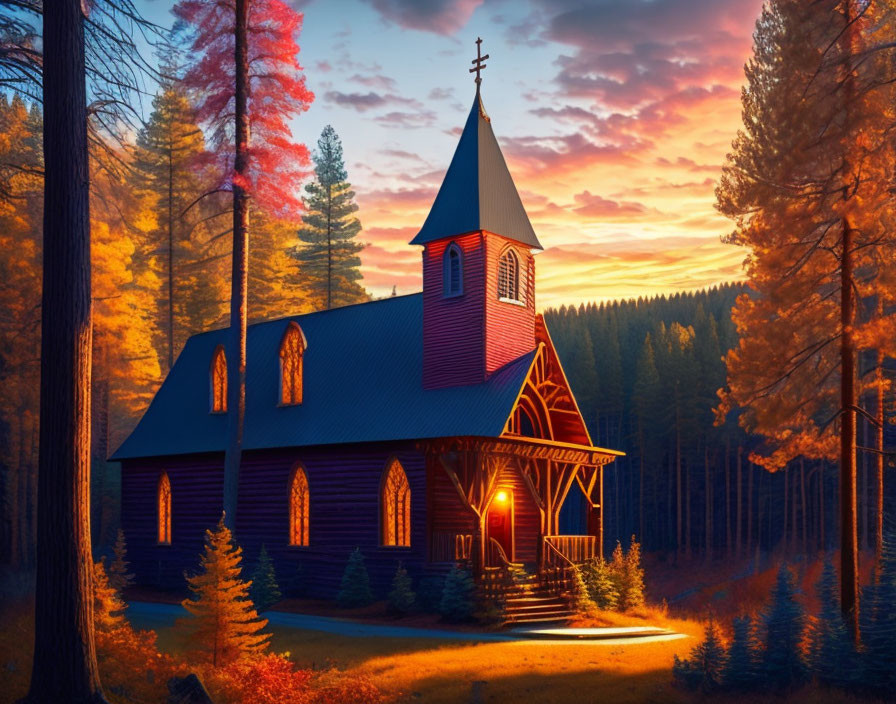 Autumn Twilight Scene: Illuminated Church Among Vibrant Trees