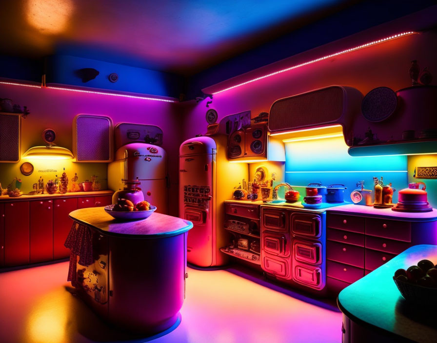 Vibrant retro kitchen with neon lights and vintage decor