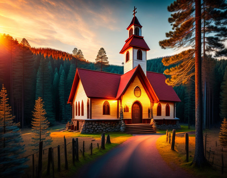 Wooden church with steeple in pine tree setting at sunset