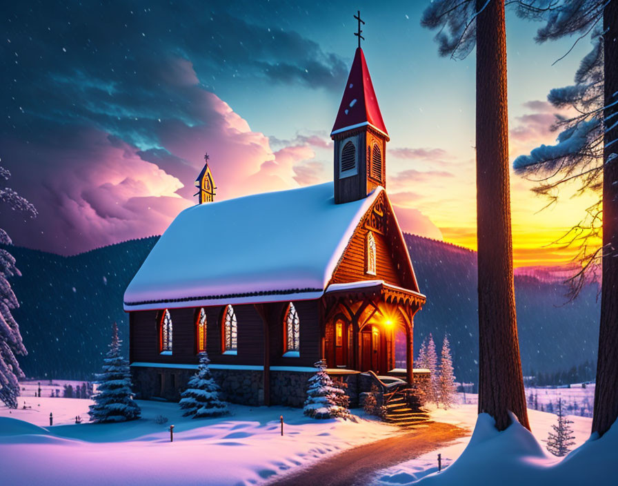 Snow-covered trees frame wooden church at sunset