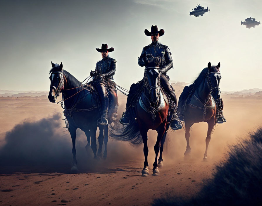 Cowboys on horses in desert with futuristic vehicles.
