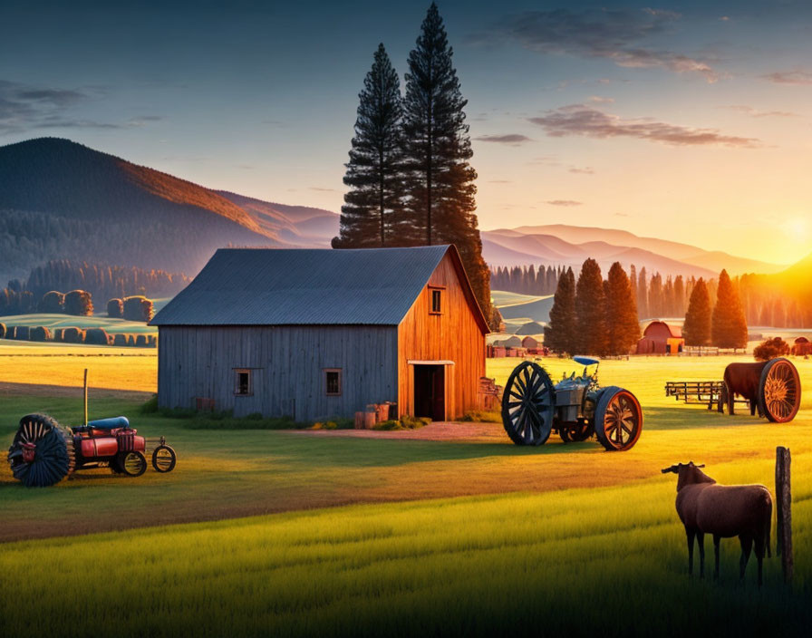 Rustic barn, tractor, sheep in pastoral sunrise landscape