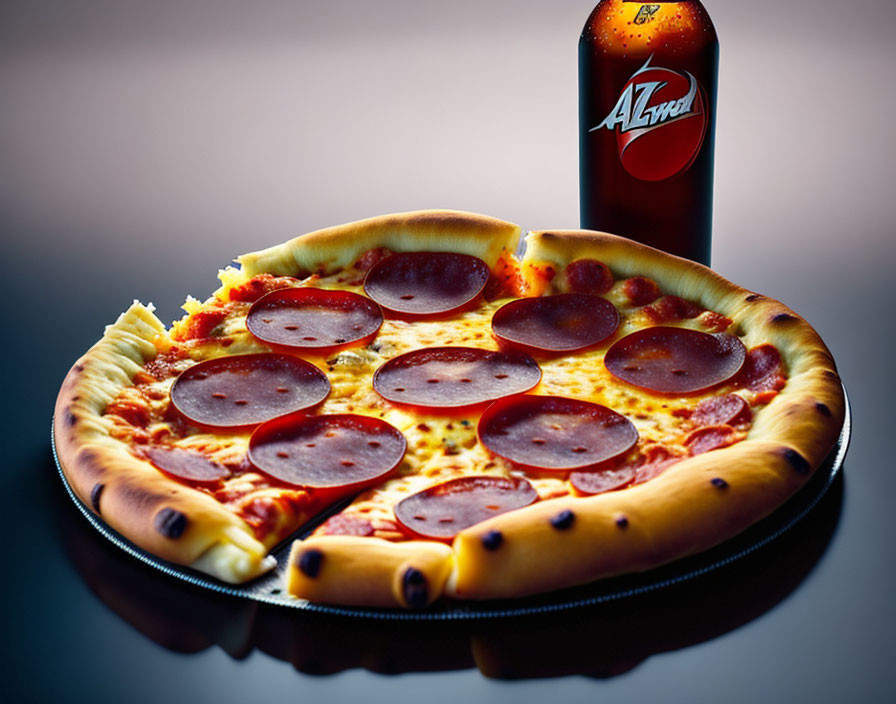 Pepperoni Pizza with Golden Crust and Soda on Table