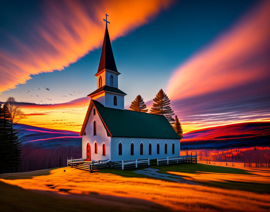 White church with steeple in dramatic sunset with birds in sky