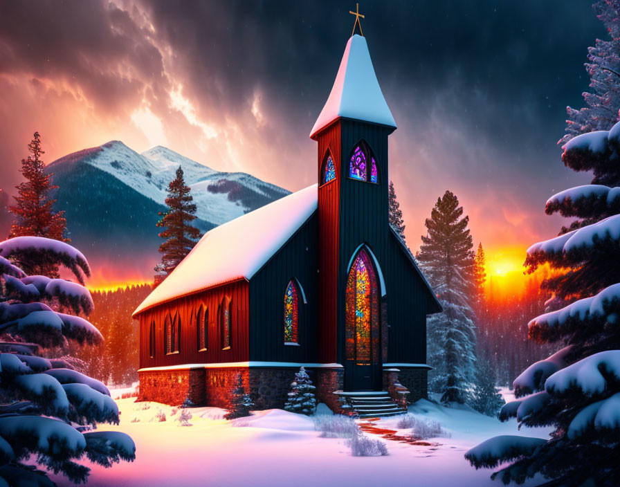 Snowy landscape church with glowing cross window at sunset