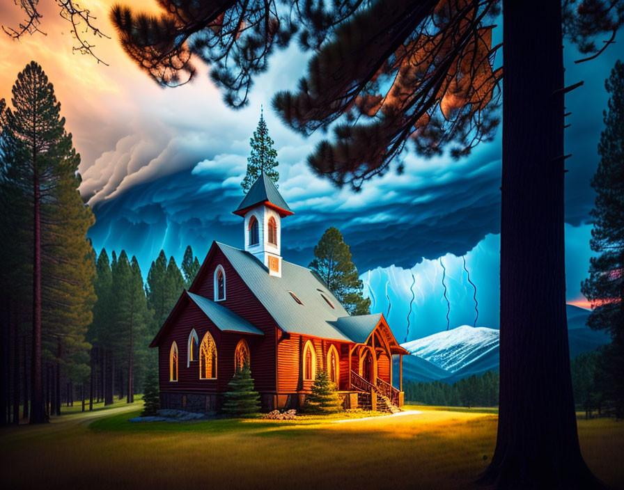 Red Church with White Steeple Amid Pine Trees and Lightning Sky