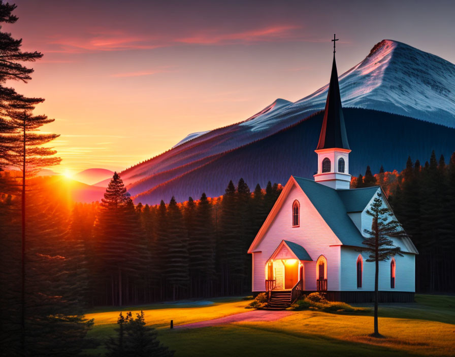 White Church with Steeple in Mountain Landscape at Sunrise