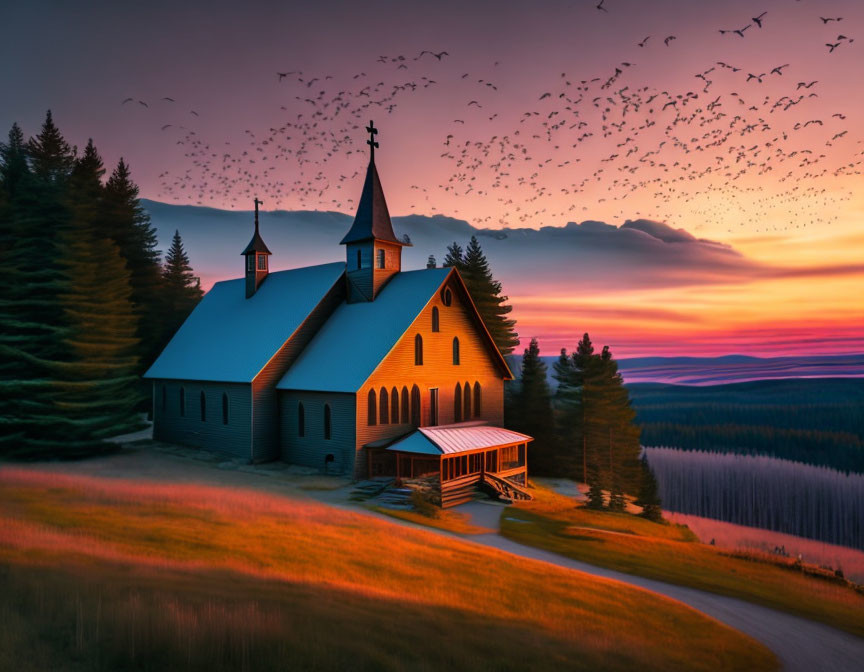 Tranquil sunset scene at wooden church with trees and birds
