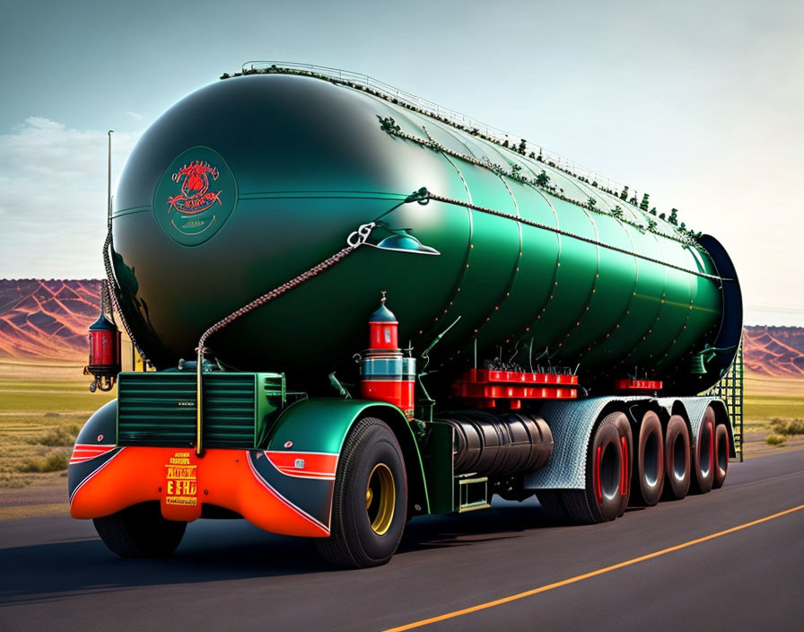 Colorful retro-futuristic tanker truck on highway with arid hills