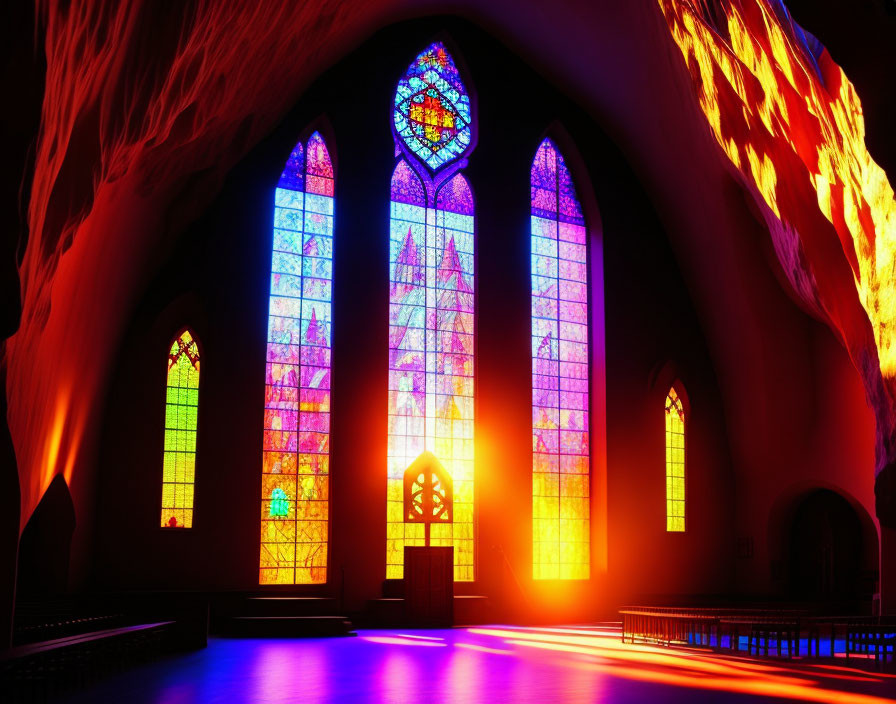 Colorful Stained Glass Windows Lighting Up Church Interior