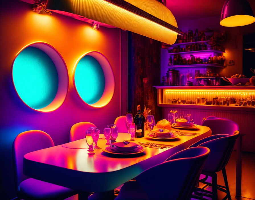 Colorful Neon-Lit Diner with Purple and Orange Decor and Round Windows