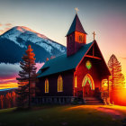Red Wooden Church with Steeples in Mountain Sunset