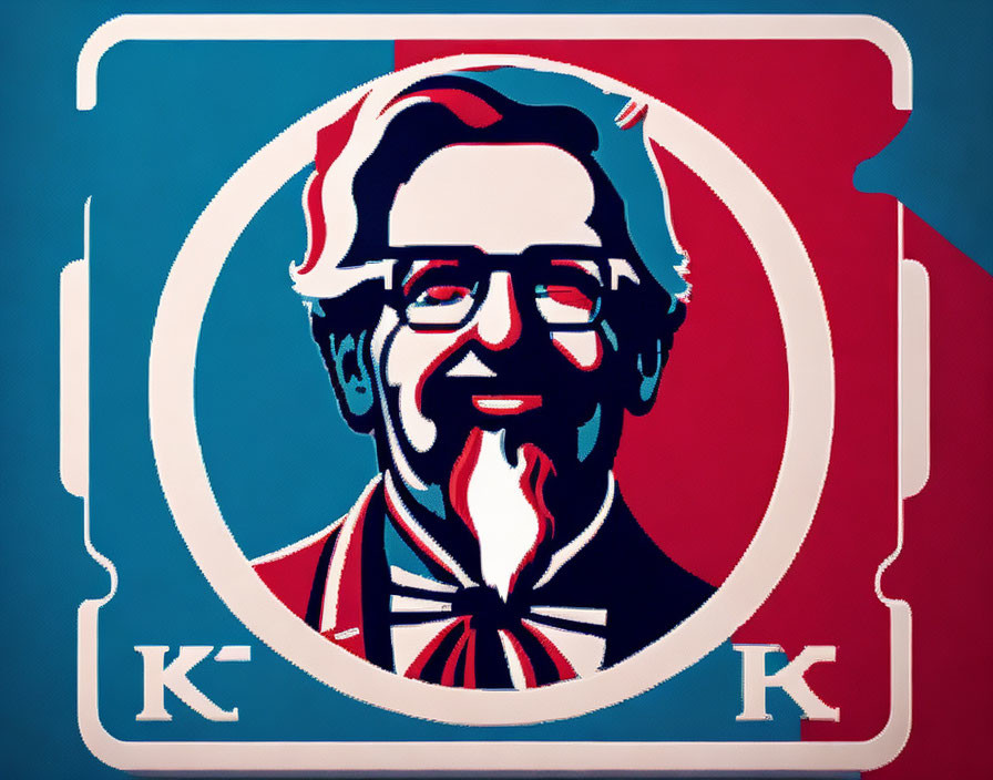Stylized graphic of Colonel Sanders with "KFC" initials in circular frame