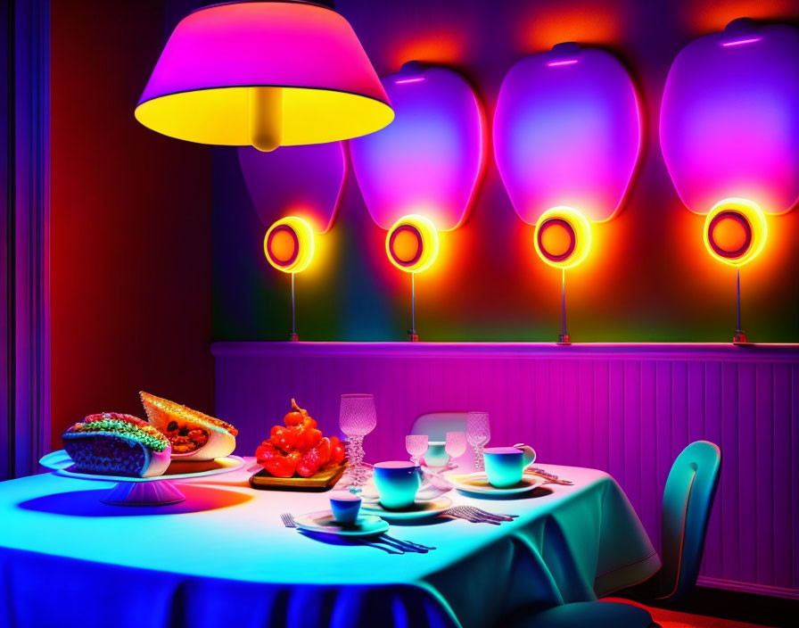 Colorful Feast in Vibrant Dining Room with Pink Lamp and Neon Lights